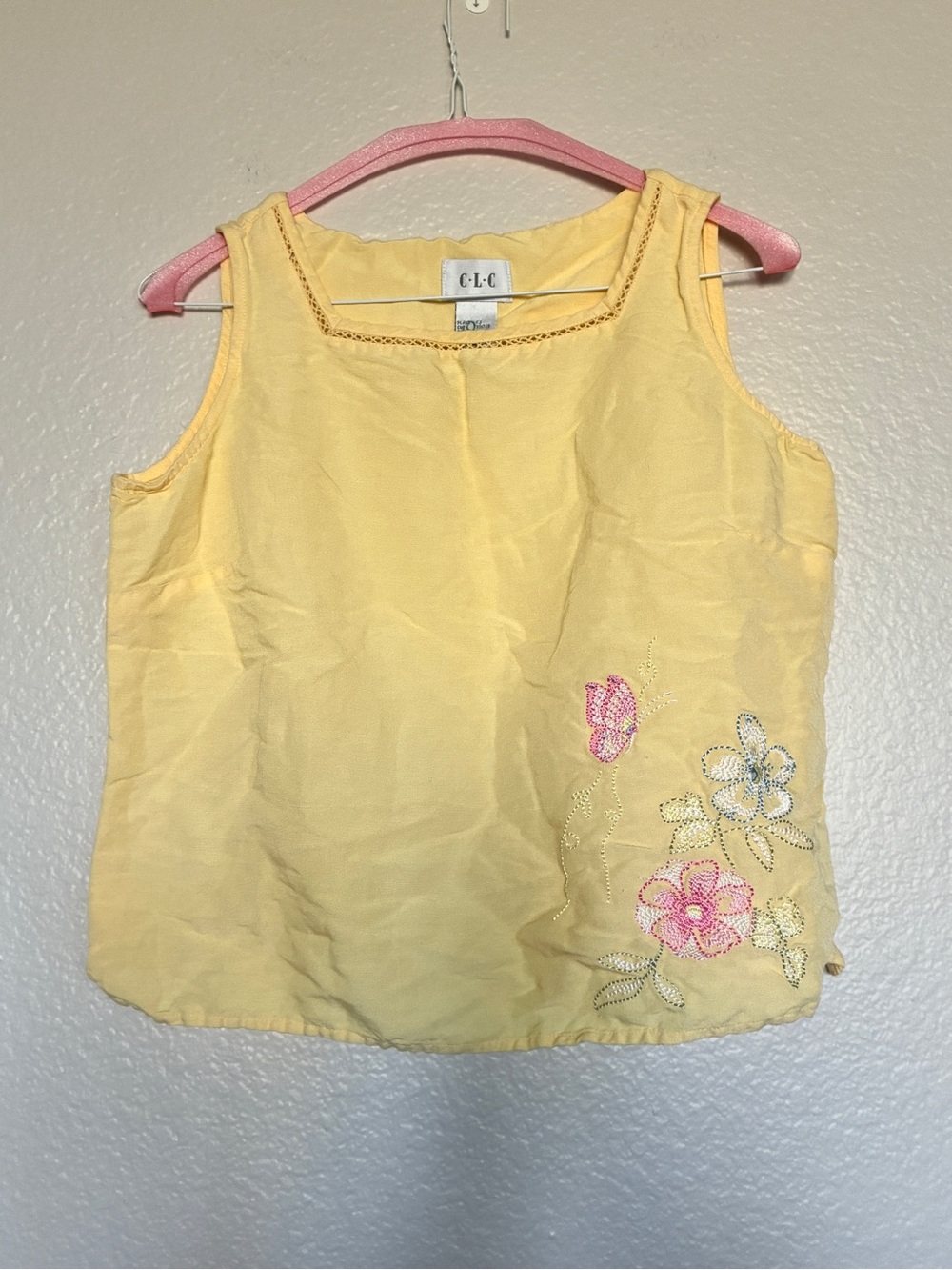 VTG C.L.C. Yellow Linen Blend Butterfly Flower Embroidered Tank Top Y2K Fairy